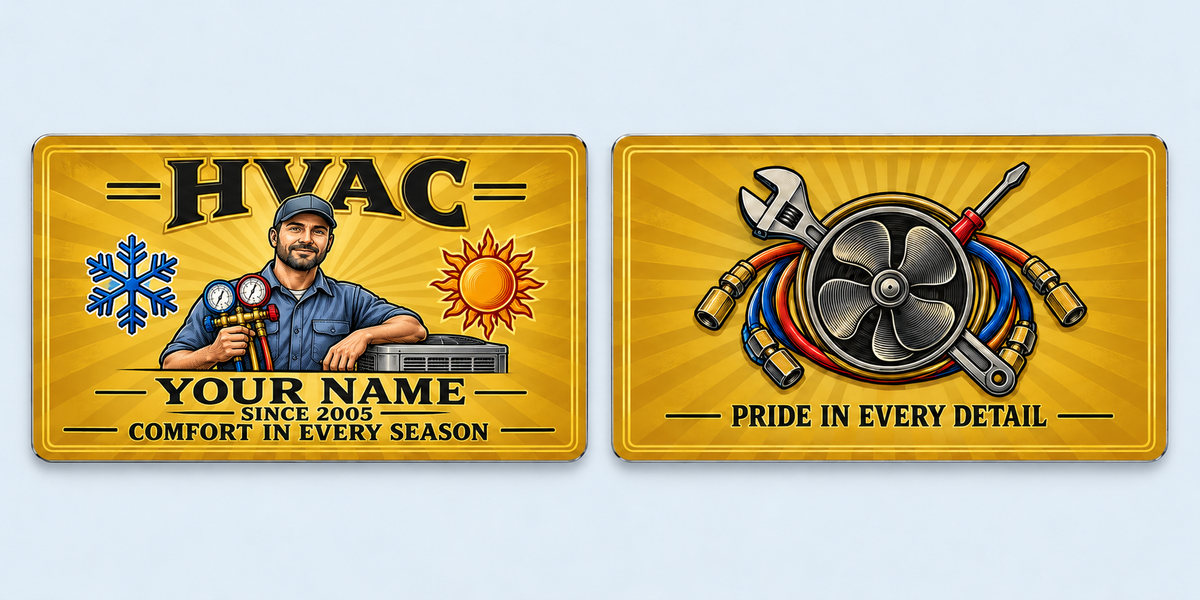 HVAC Golden Milestone aluminum keepsake wallet card, front and reverse views. A printed-gold HVAC keepsake featuring sunburst rays, a double-line border and a central technician illustration with manifold gauges. A fan-and-tools emblem and appreciation message decorate the reverse.