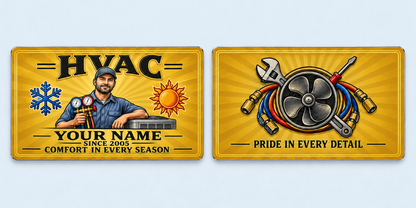 HVAC Golden Milestone aluminum keepsake wallet card, front and reverse views. A printed-gold HVAC keepsake featuring sunburst rays, a double-line border and a central technician illustration with manifold gauges. A fan-and-tools emblem and appreciation message decorate the reverse.