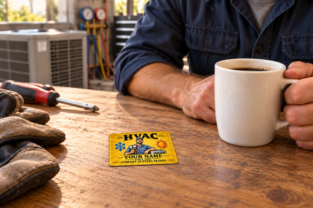 HVAC Golden Milestone aluminum wallet card lying flat on a wooden HVAC workshop break table beside an adult worker's hands and a plain coffee mug.