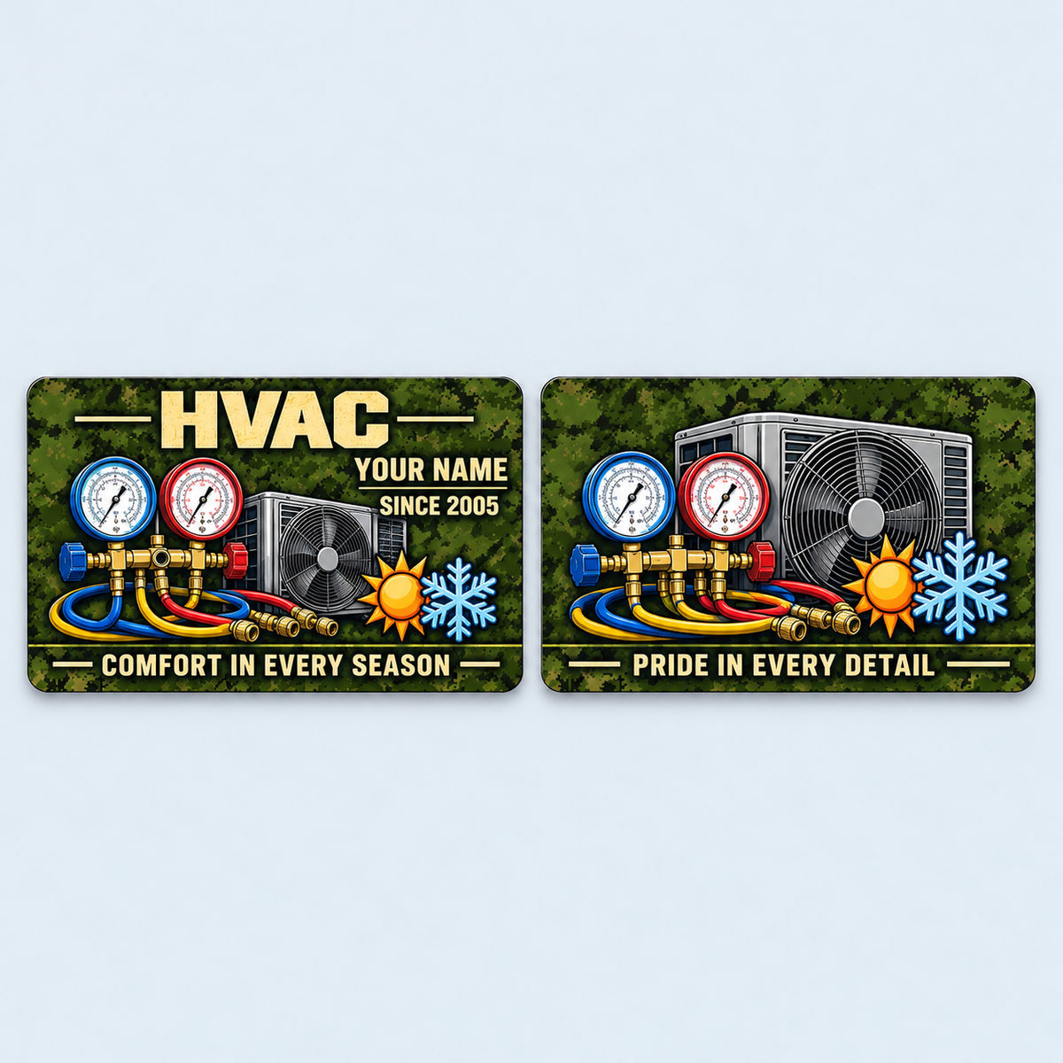 HVAC Rugged Field aluminum keepsake wallet card, front and reverse views. An olive pixel-camouflage design frames colorful pressure-gauge, condenser and seasonal artwork. The matching reverse carries a message of pride in every detail.