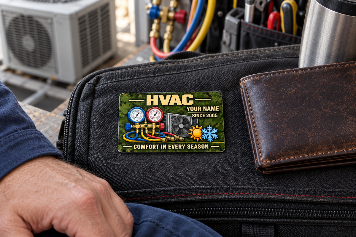 HVAC Rugged Field aluminum keepsake wallet card lying flat on a canvas tool bag beside a leather wallet and an adult worker's hand.