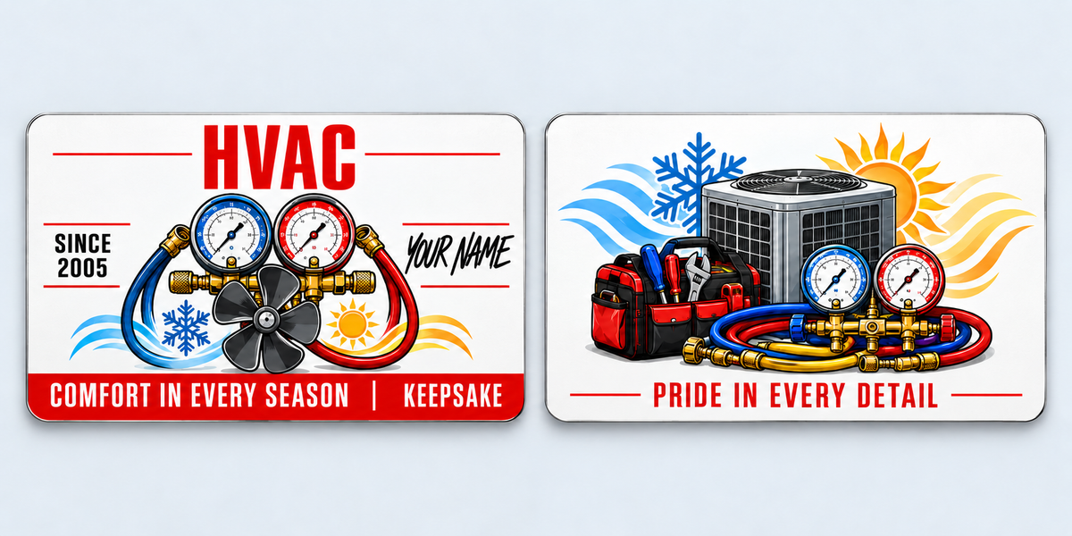 HVAC Signature Modern aluminum keepsake wallet card, front and reverse views. A crisp white HVAC keepsake with a condensed red heading, signature-style name lettering and a divided red footer. Manifold gauges and seasonal airflow graphics lead to a detailed equipment illustration on the reverse.