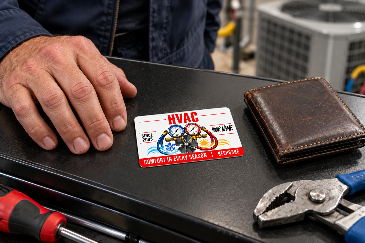 HVAC Signature Modern aluminum wallet card lying flat on a dark tool cabinet beside an adult technician's hand and a closed leather wallet.