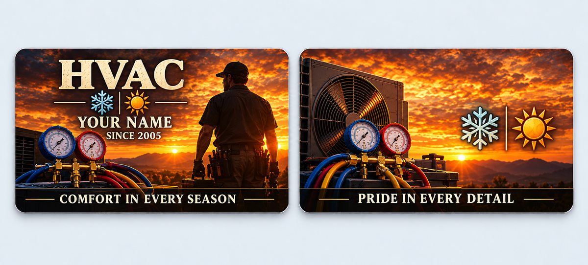 HVAC Sunset Workday aluminum keepsake wallet card, front and reverse views. An amber sunset HVAC keepsake with a technician silhouette, pressure gauges and cream serif lettering. A complementary sunset equipment scene and appreciation line fill the reverse.