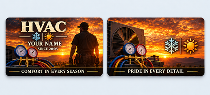 HVAC Sunset Workday aluminum keepsake wallet card, front and reverse views. An amber sunset HVAC keepsake with a technician silhouette, pressure gauges and cream serif lettering. A complementary sunset equipment scene and appreciation line fill the reverse.