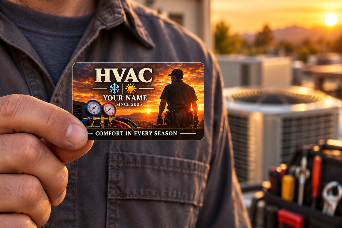 HVAC Sunset Workday aluminum wallet card held at its lower-left corner near an adult technician's shirt pocket, with condenser equipment in warm evening light.