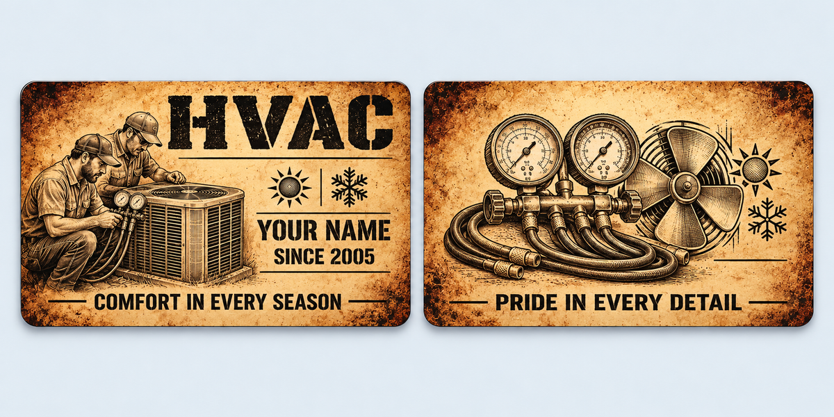 HVAC Sepia Legacy aluminum keepsake wallet card, front and reverse views. A sepia-toned HVAC keepsake with archival-style artwork of two technicians, condenser equipment and manifold gauges. Aged parchment graphics, stencil lettering and a matching tool-illustration reverse celebrate comfort in every season.
