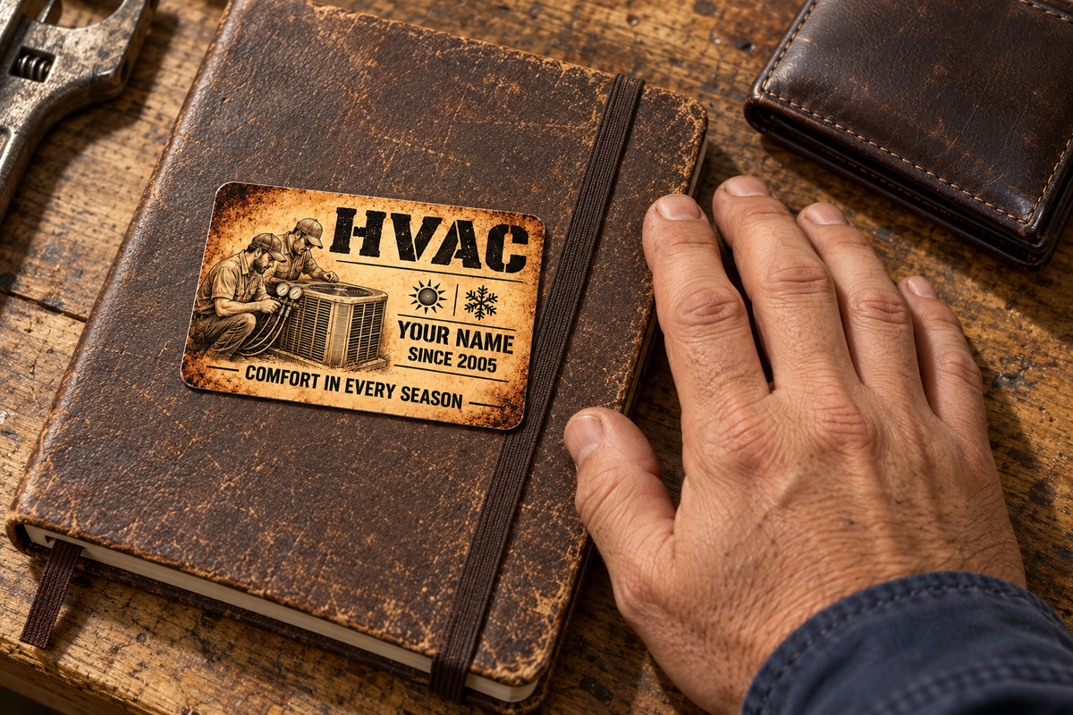 HVAC Sepia Legacy aluminum keepsake wallet card lying on a worn work journal beside an adult hand and brown leather wallet on a wooden bench.
