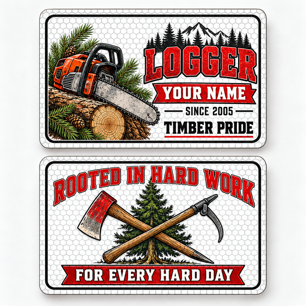 Front and reverse of a logger honeycomb pride wallet card with trade-themed artwork and pride lettering.