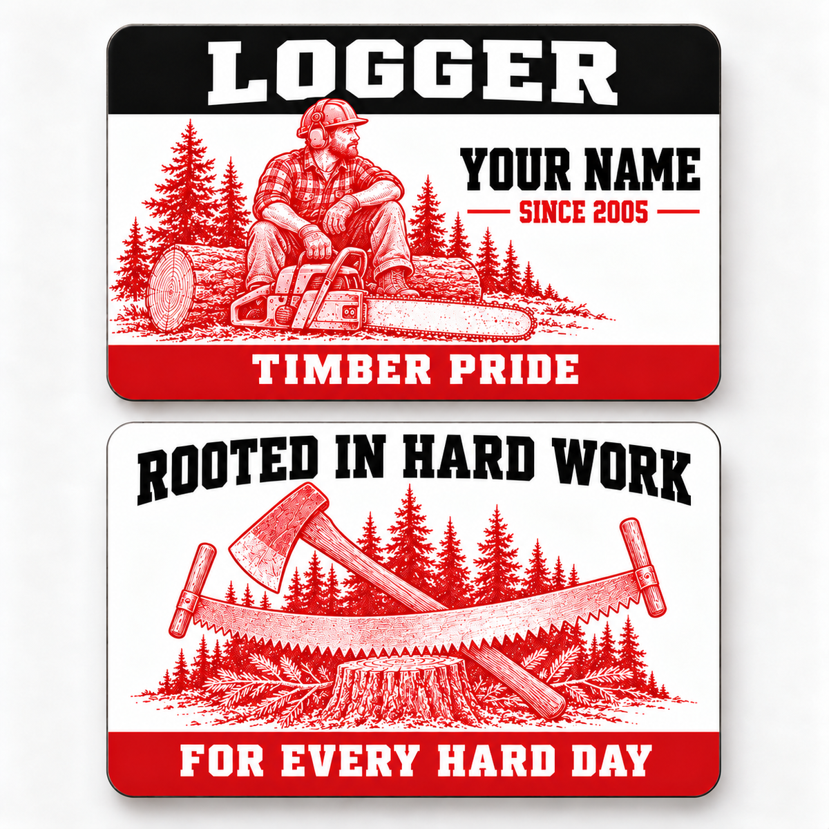 Front and reverse of a logger red monochrome wallet card with trade-themed artwork and pride lettering.