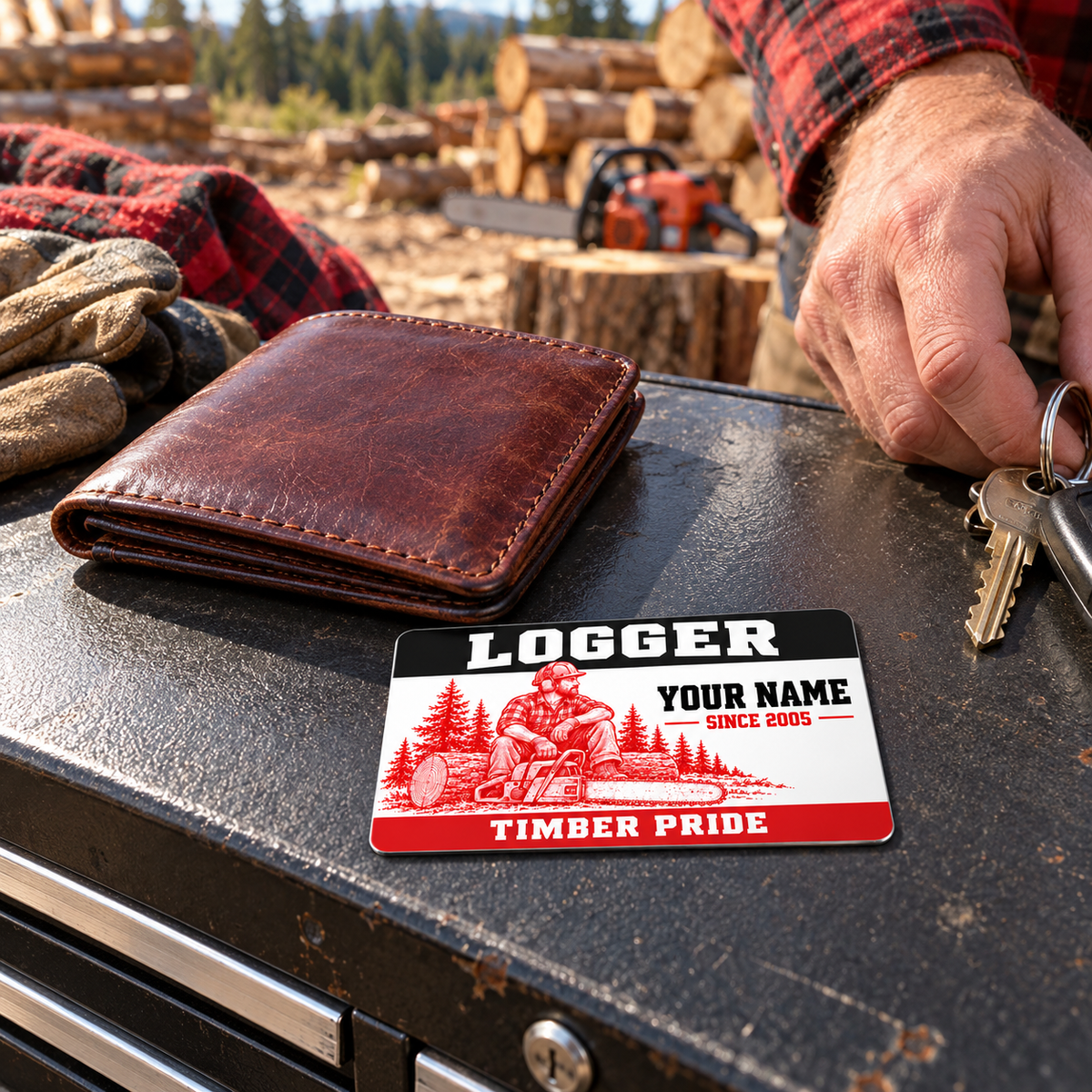 Logger wallet card in a forest logging rest area with an adult man and leather wallet.