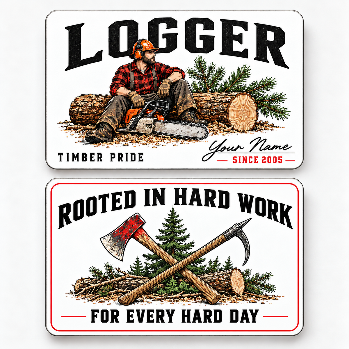 Front and reverse of a logger signature classic wallet card with trade-themed artwork and pride lettering.