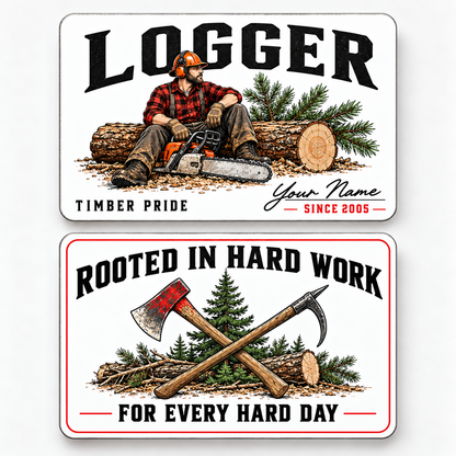 Front and reverse of a logger signature classic wallet card with trade-themed artwork and pride lettering.