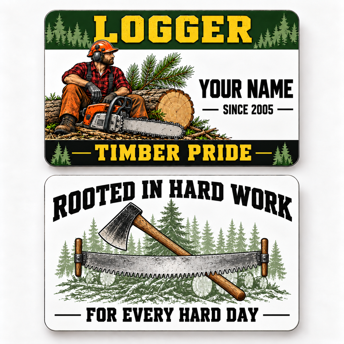 Front and reverse of a logger green band wallet card with trade-themed artwork and pride lettering.