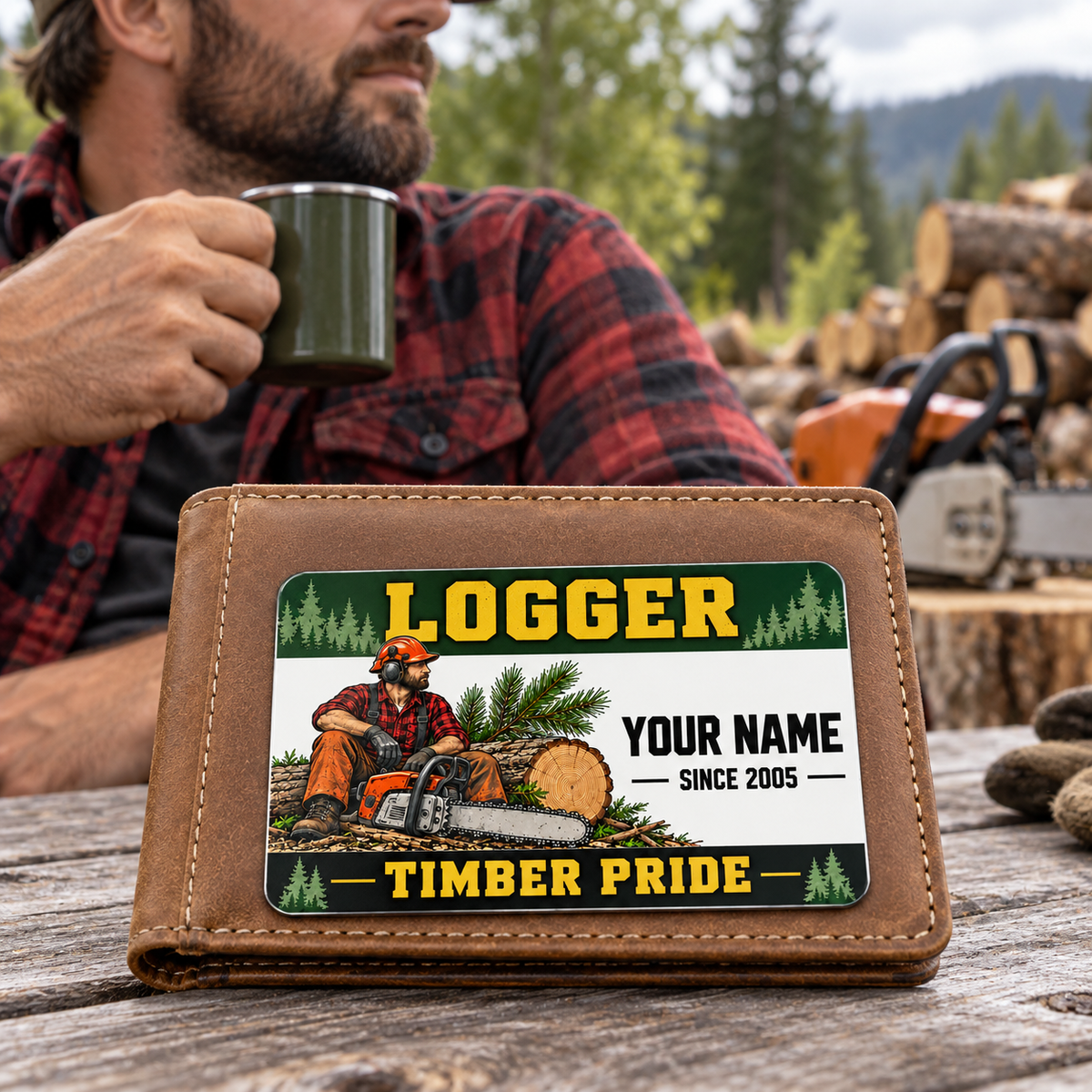 Logger wallet card in a forest logging rest area with an adult man and leather wallet.