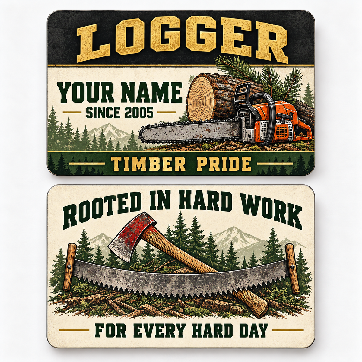 Front and reverse of a logger heritage band wallet card with trade-themed artwork and pride lettering.