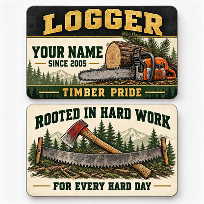 Front and reverse of a logger heritage band wallet card with trade-themed artwork and pride lettering.