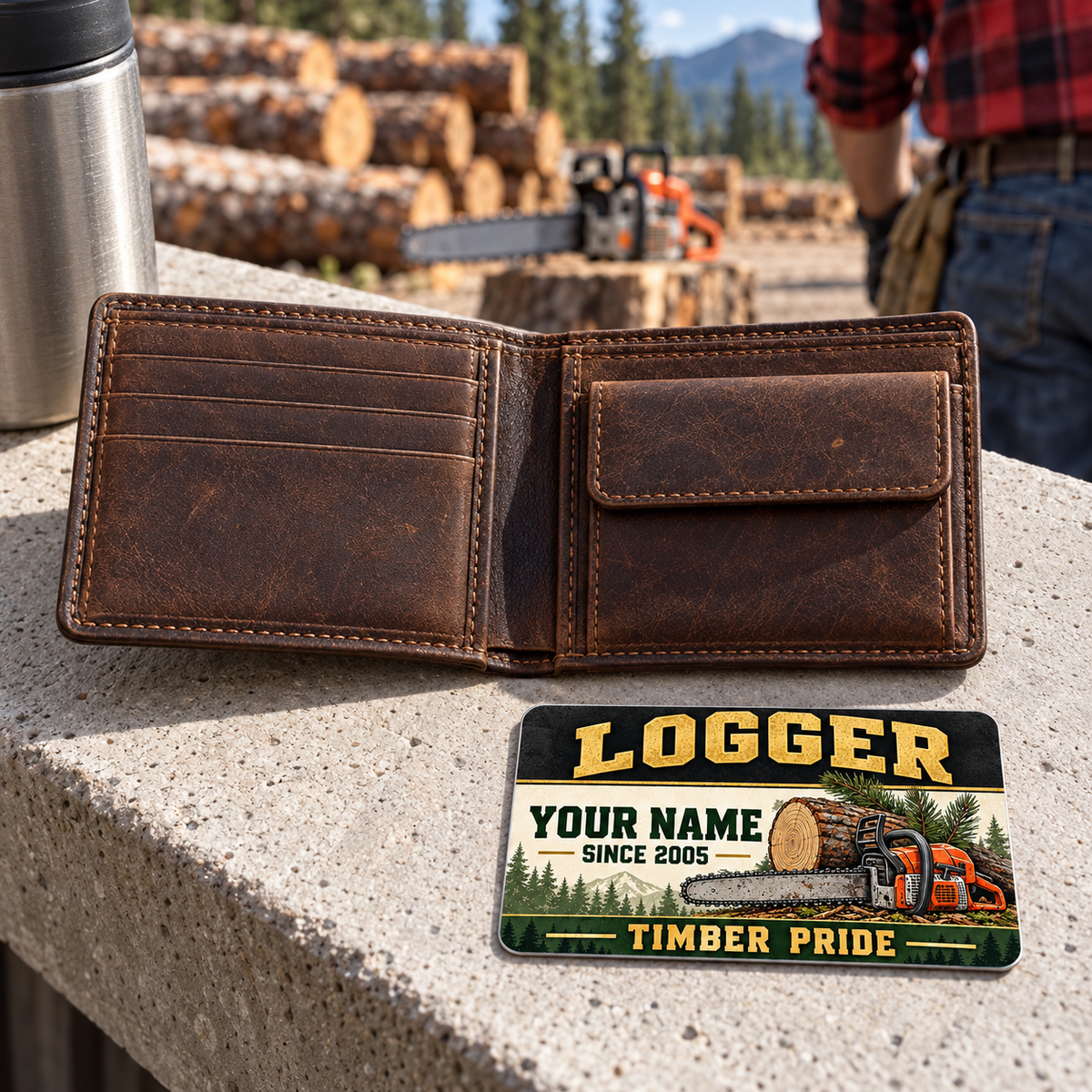Logger wallet card in a forest logging rest area with an adult man and leather wallet.