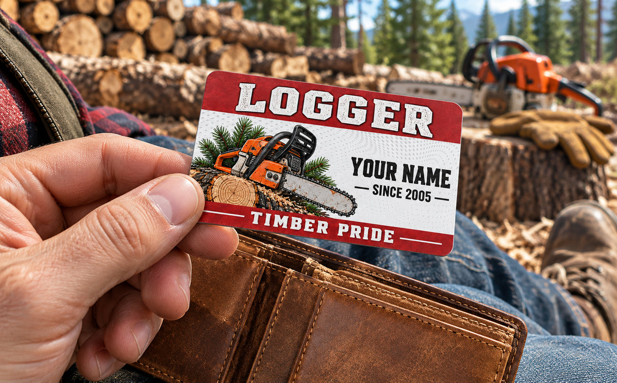 Logger wallet card in a forest logging rest area with an adult man and leather wallet.