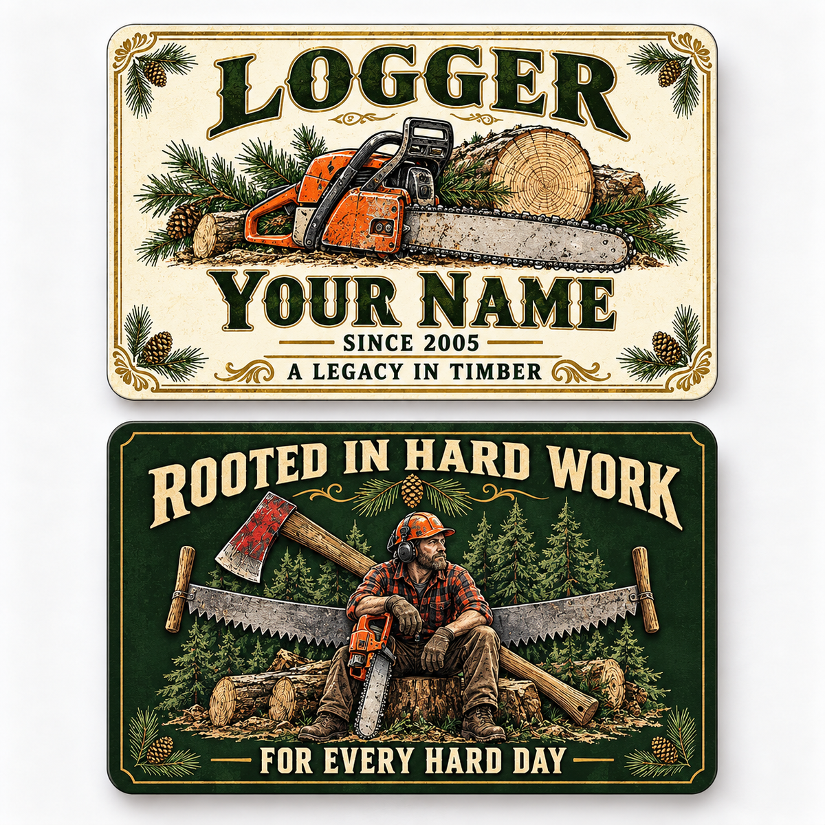 Front and reverse of a logger ivory heritage wallet card with trade-themed artwork and pride lettering.