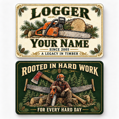 Front and reverse of a logger ivory heritage wallet card with trade-themed artwork and pride lettering.