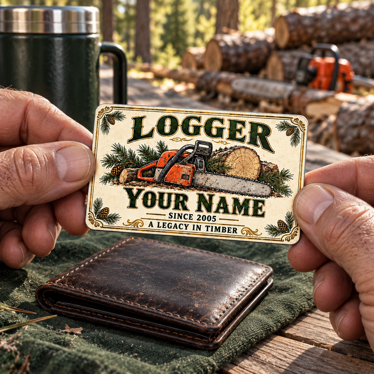 Logger wallet card in a forest logging rest area with an adult man and leather wallet.
