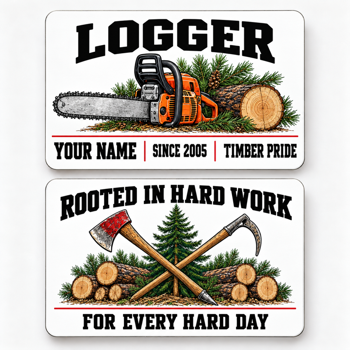 Front and reverse of a logger minimal tool grid wallet card with trade-themed artwork and pride lettering.