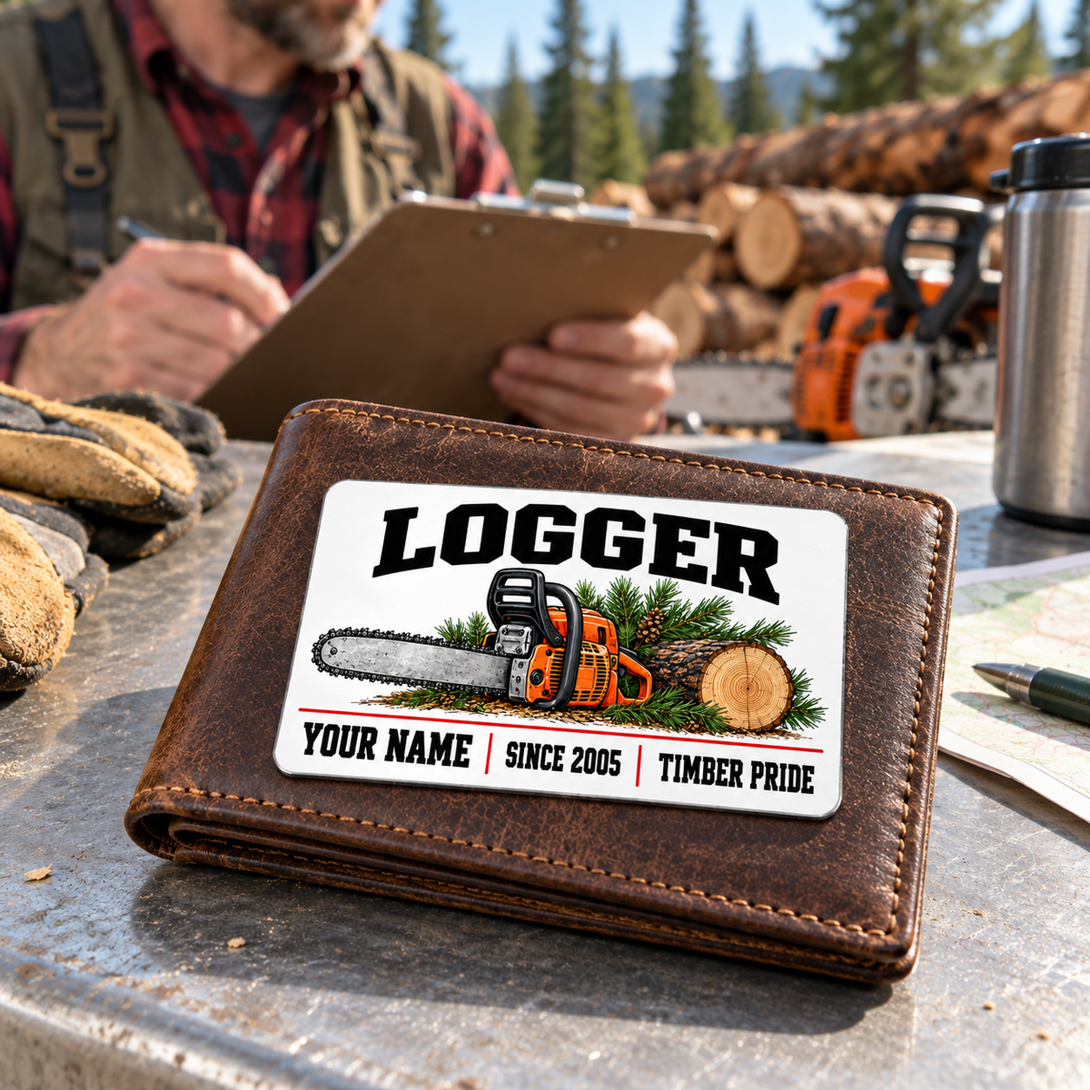 Logger wallet card in a forest logging rest area with an adult man and leather wallet.