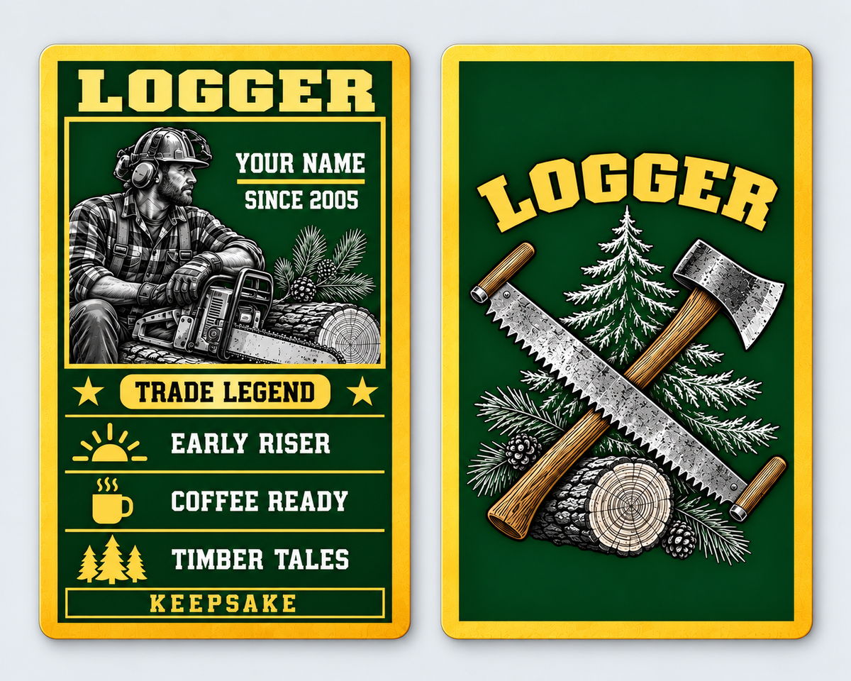 Front and reverse of a logger trade legend wallet card with trade-themed artwork and pride lettering.