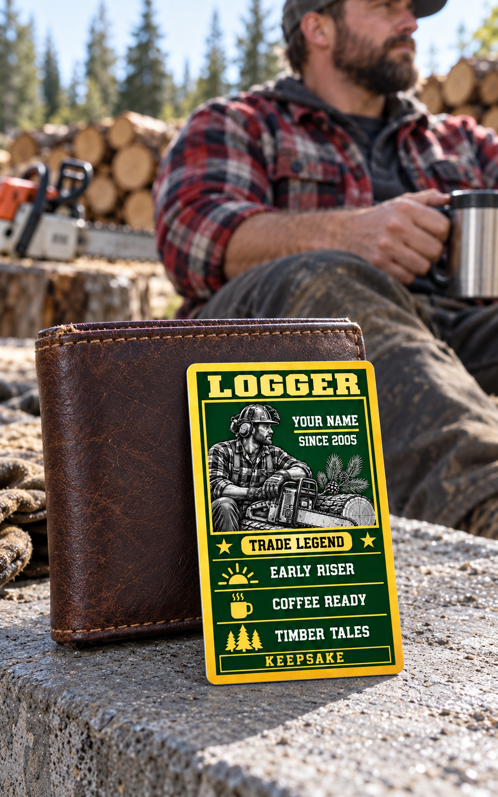 Logger wallet card in a forest logging rest area with an adult man and leather wallet.