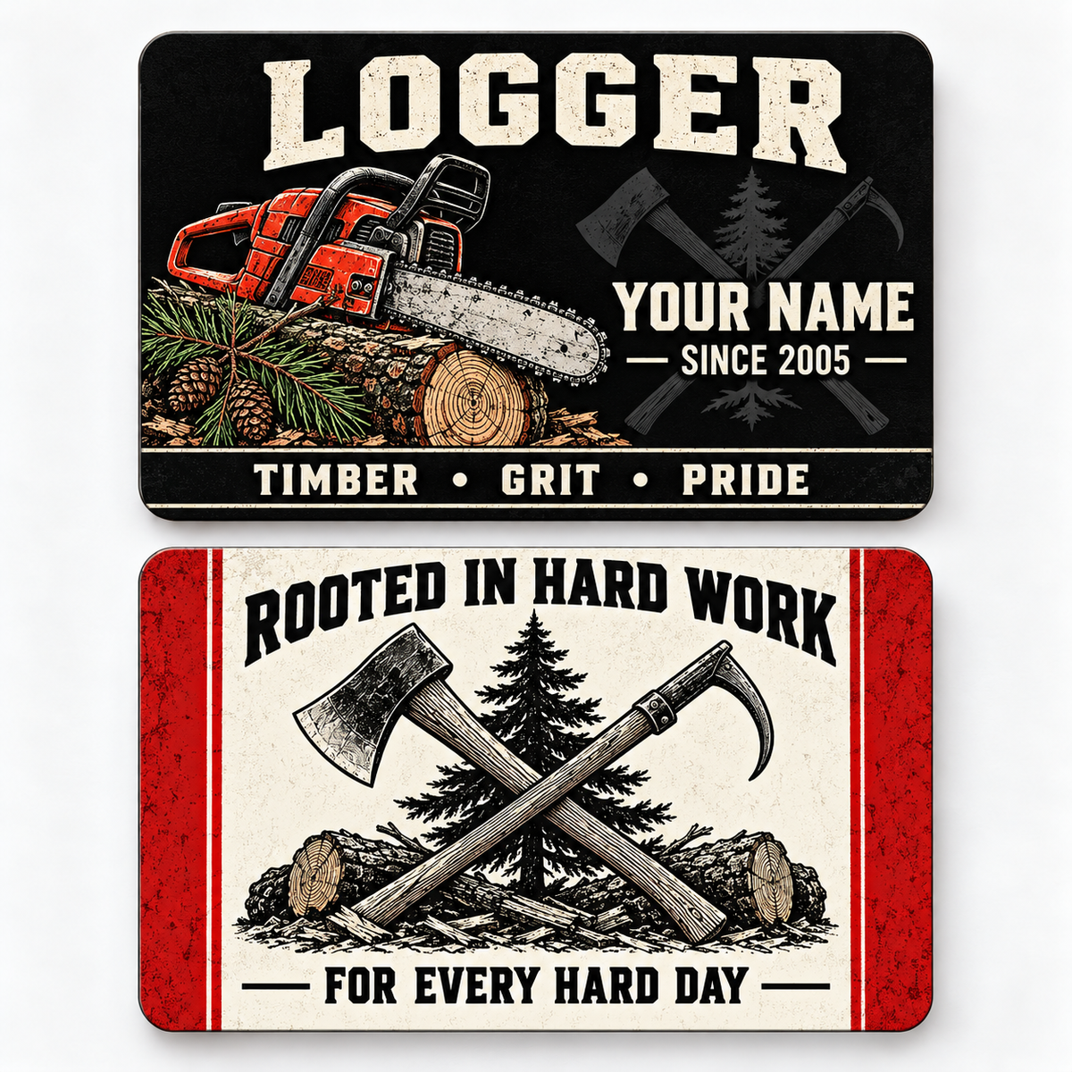Front and reverse of a logger midnight pride wallet card with trade-themed artwork and pride lettering.