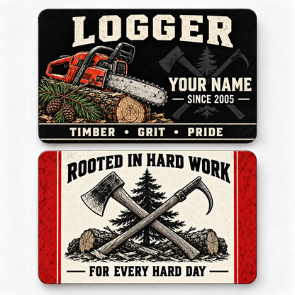 Front and reverse of a logger midnight pride wallet card with trade-themed artwork and pride lettering.