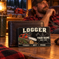 Logger wallet card in a forest logging rest area with an adult man and leather wallet.