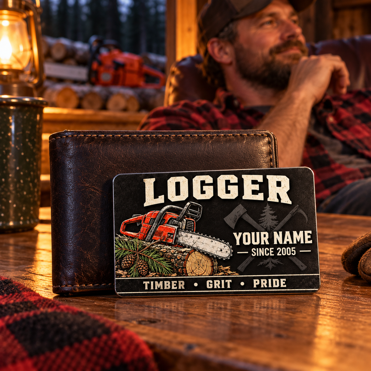 Logger wallet card in a forest logging rest area with an adult man and leather wallet.