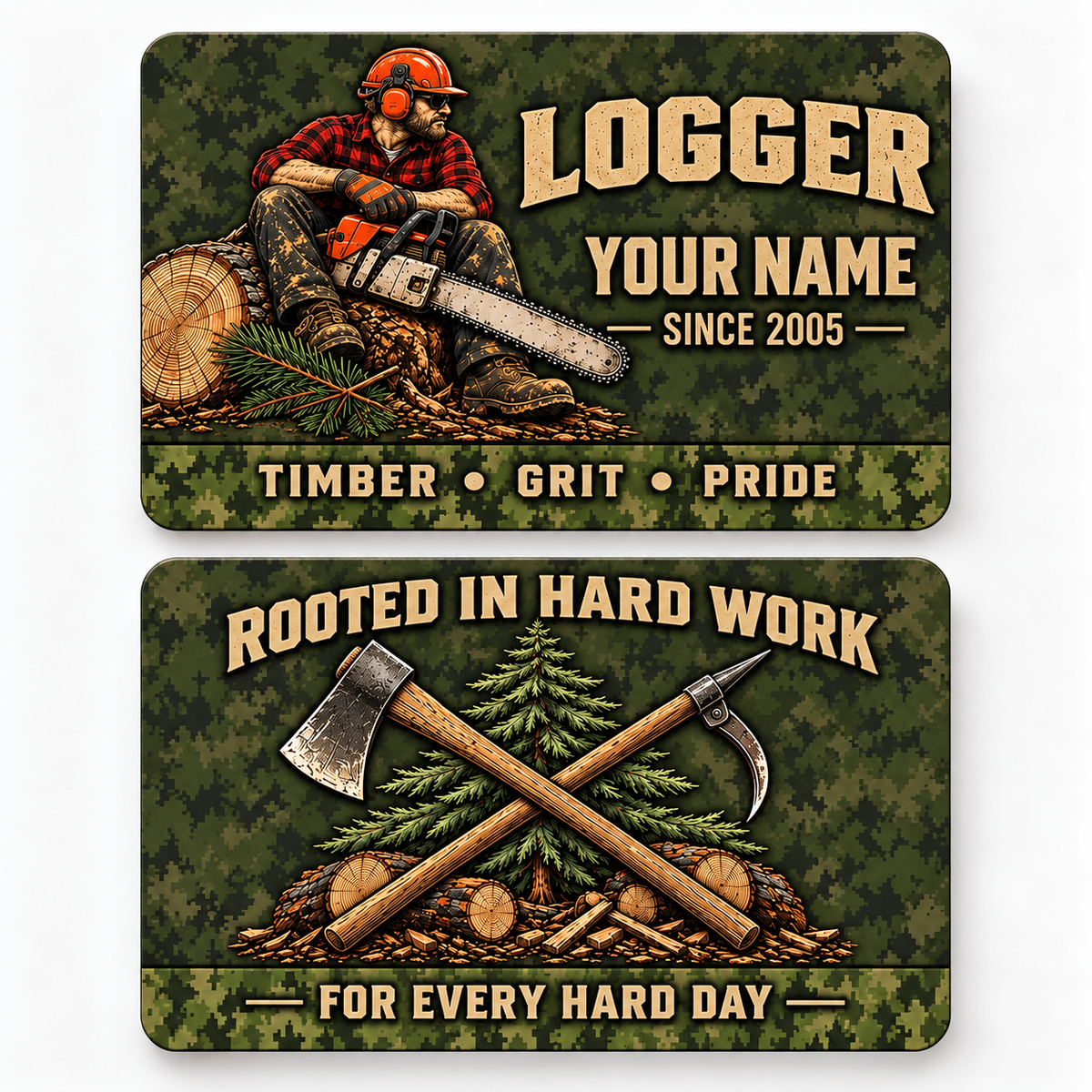 Front and reverse of a logger rugged field wallet card with trade-themed artwork and pride lettering.