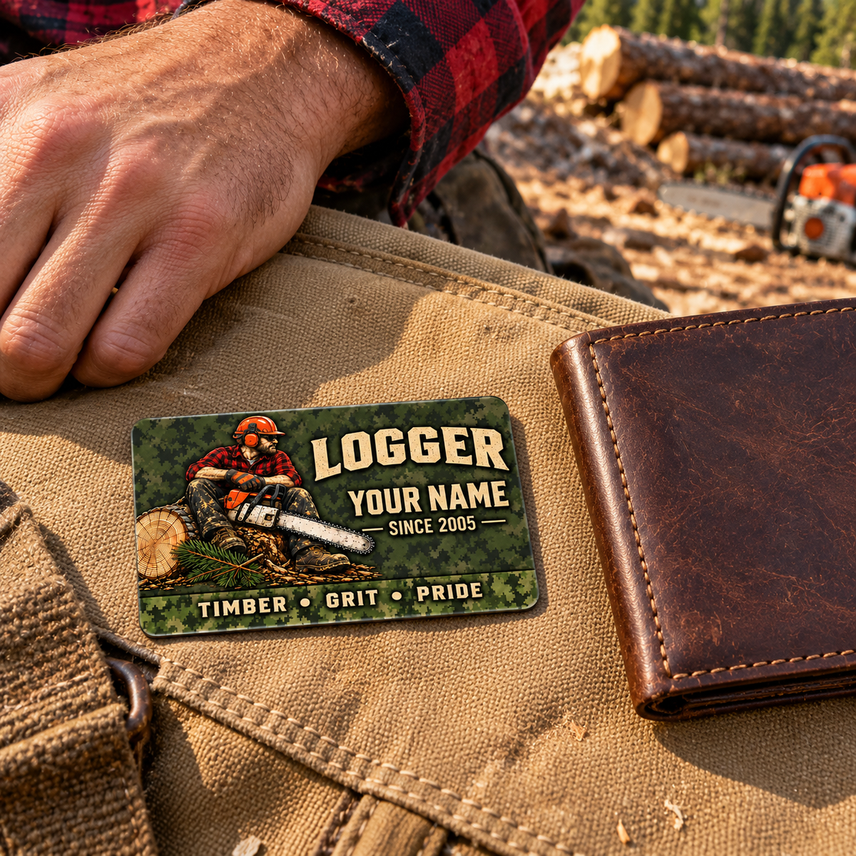Logger wallet card in a forest logging rest area with an adult man and leather wallet.
