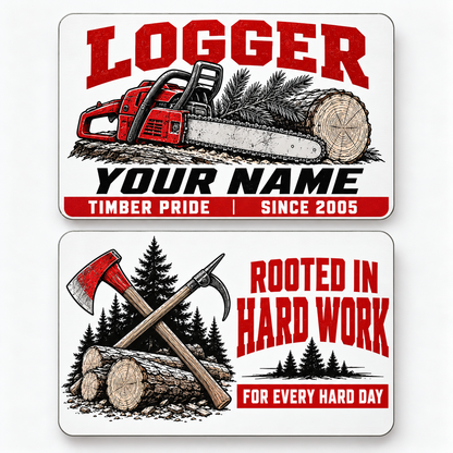 Front and reverse of a logger signature modern wallet card with trade-themed artwork and pride lettering.