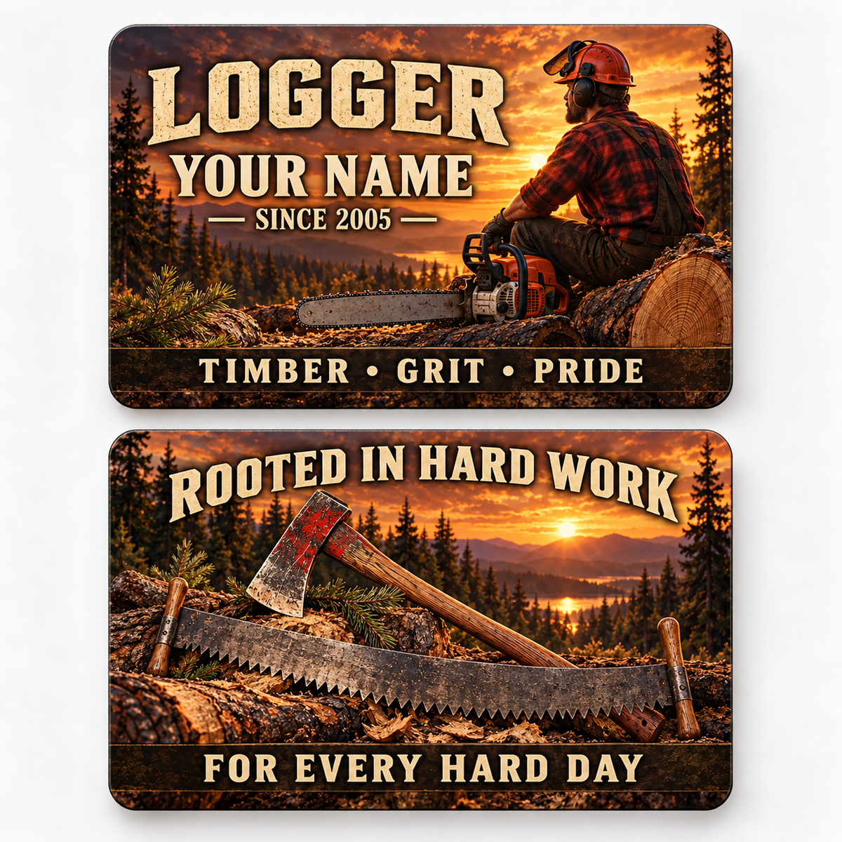 Front and reverse of a logger sunset workday wallet card with trade-themed artwork and pride lettering.