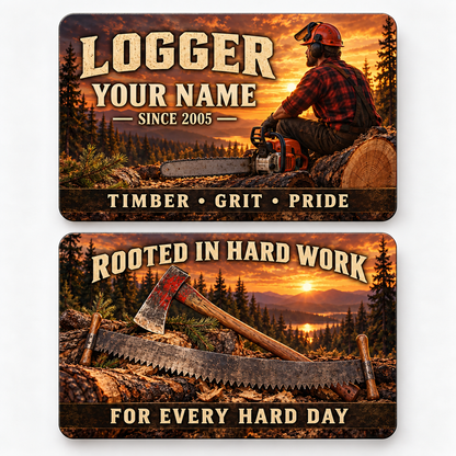 Front and reverse of a logger sunset workday wallet card with trade-themed artwork and pride lettering.
