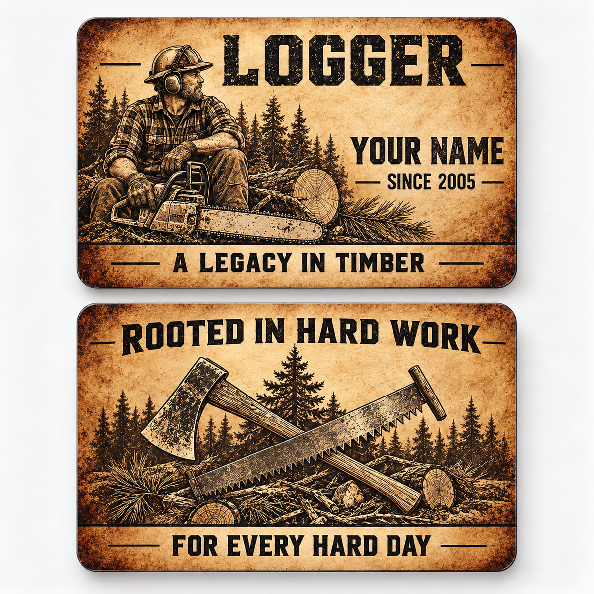 Front and reverse of a logger sepia legacy wallet card with trade-themed artwork and pride lettering.