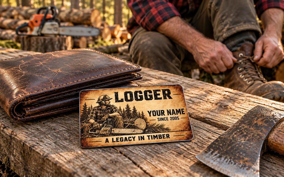 Logger wallet card in a forest logging rest area with an adult man and leather wallet.