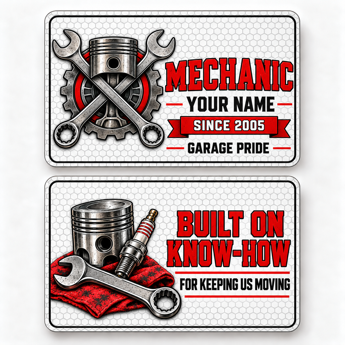 Front and reverse of a mechanic honeycomb pride wallet card with trade-themed artwork and pride lettering.