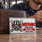Mechanic Honeycomb Bold aluminum wallet card beside a leather wallet with an adult man taking a garage coffee break.