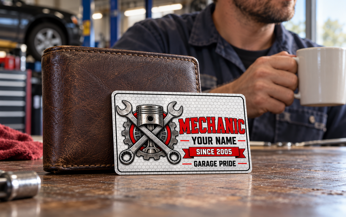 Mechanic Honeycomb Bold aluminum wallet card beside a leather wallet with an adult man taking a garage coffee break.