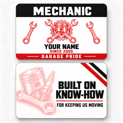 Front and reverse of a mechanic red monochrome wallet card with trade-themed artwork and pride lettering.