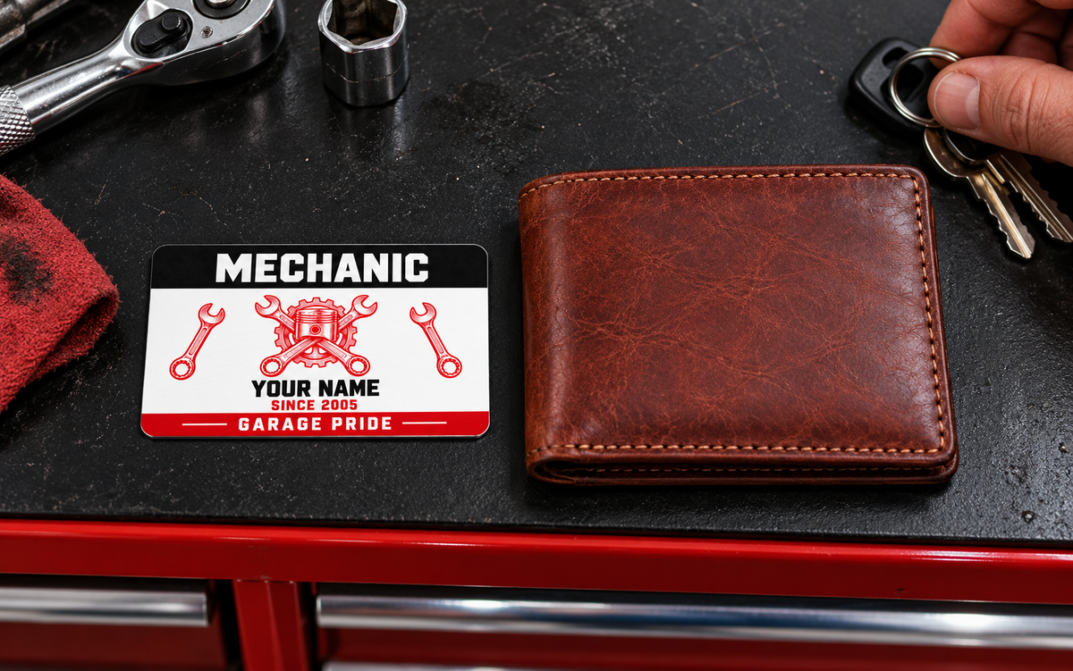 Mechanic Red Monochrome aluminum wallet card shown at wallet scale in an automotive workshop setting.