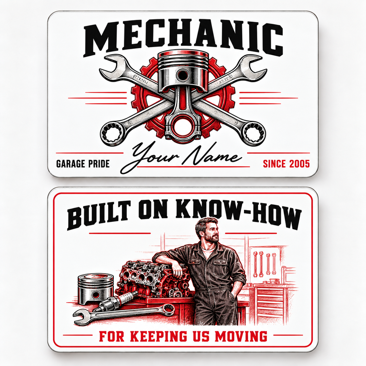 Front and reverse of a mechanic signature classic wallet card with trade-themed artwork and pride lettering.