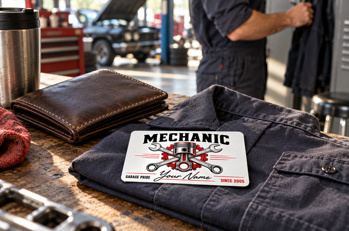 Mechanic Signature Classic aluminum wallet card on a folded work shirt beside a brown wallet in a garage.