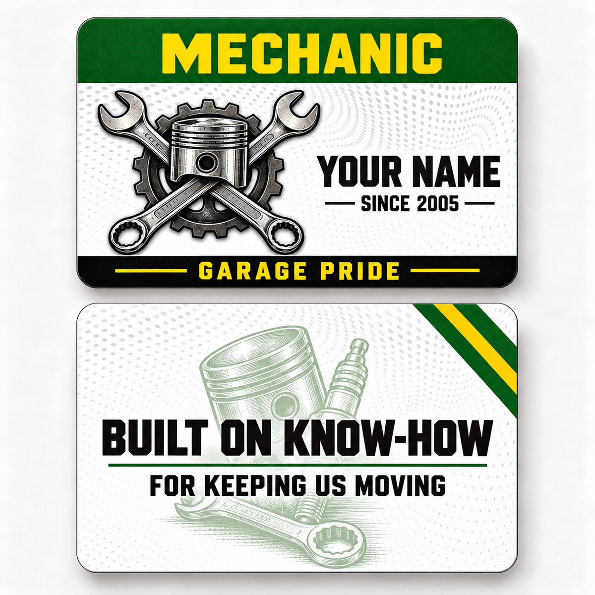 Front and reverse of a mechanic green band wallet card with trade-themed artwork and pride lettering.