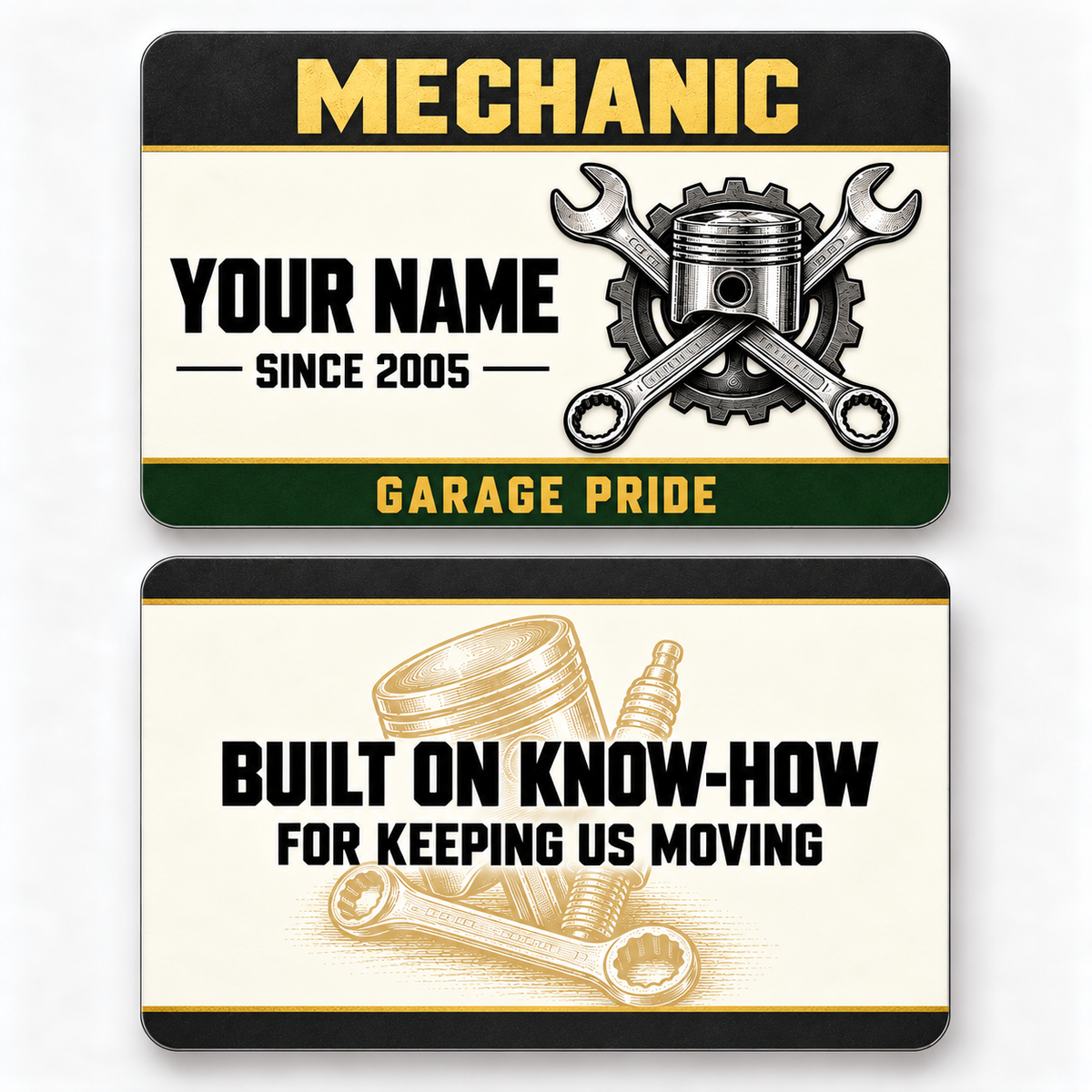 Front and reverse of a mechanic heritage band wallet card with trade-themed artwork and pride lettering.